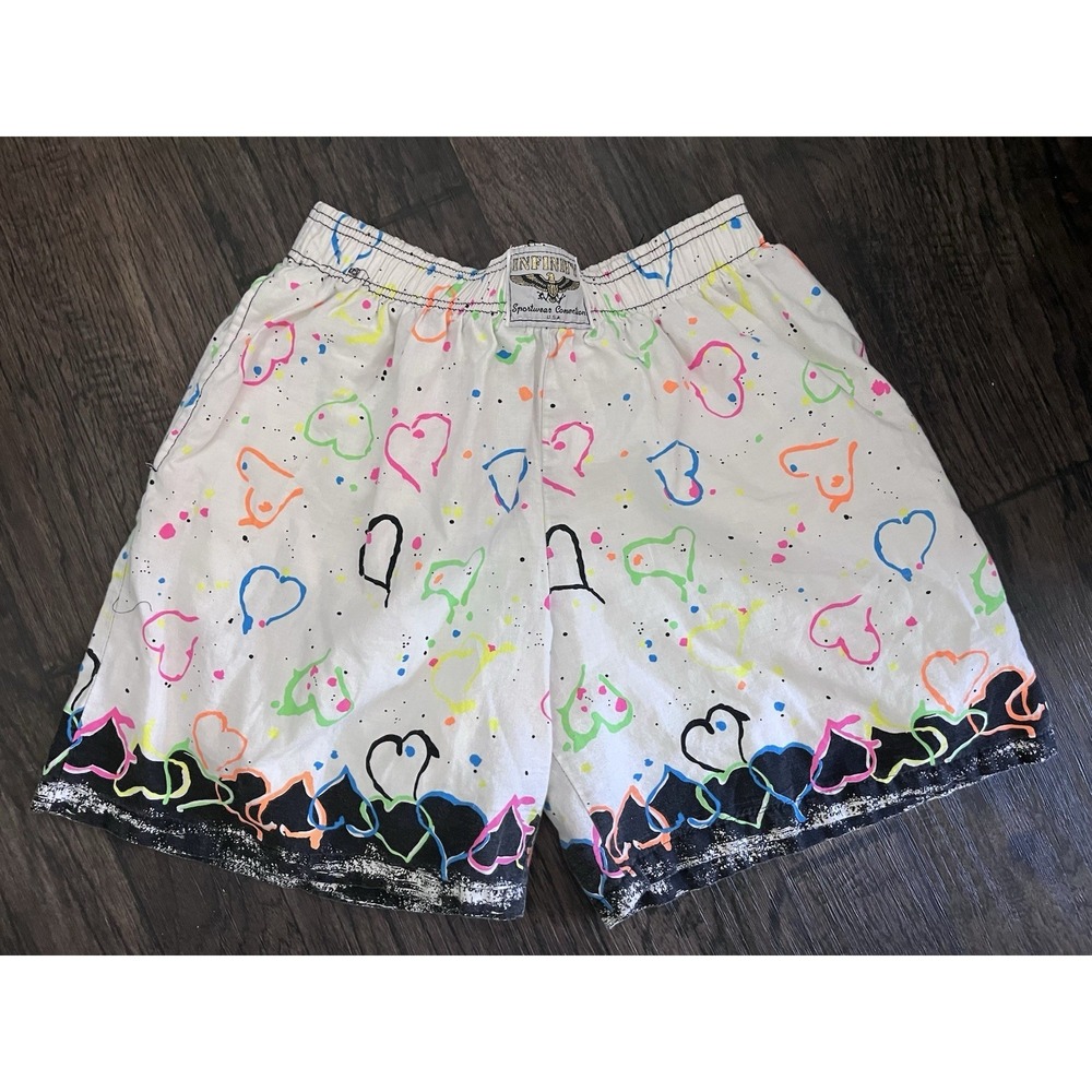 Vintage USA Cotton Neon Splatter Paint Shorts 30-34" Elastic Waist Hearts 599